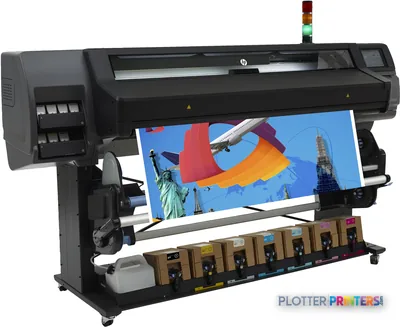 HP Latex 570 Printer large-format printer with colorful sample print output showing landscape imagery