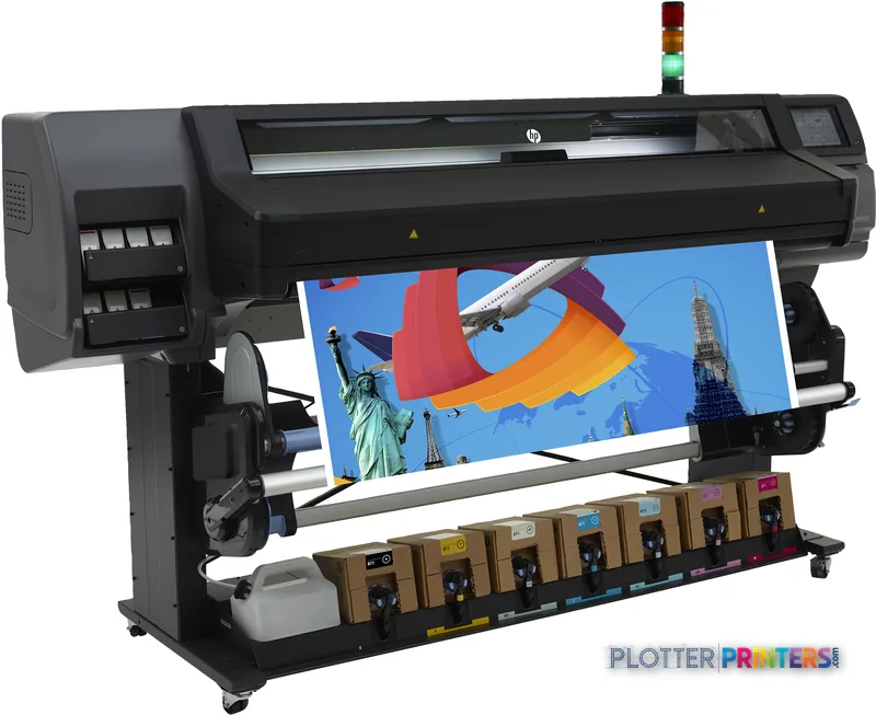 HP Latex 570 Printer large-format printer with colorful sample print output showing landscape imagery