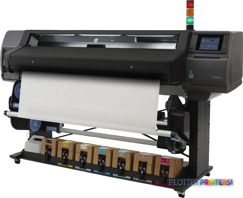 HP Latex 570 Printer product image showing black large-format printer with white media loaded and ink cartridges visible bel…