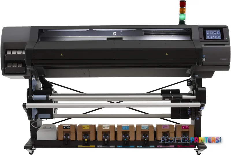 HP Latex 570 Printer large-format printer product image showing black printer with ink cartridges and status tower