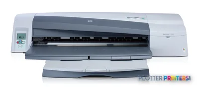 HP Designjet 110plus r large format printer product image showing grey thermal inkjet printer with open paper tray