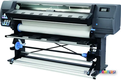 HP Latex 335 Printer large-format printer front-left view showing black and grey chassis with white media roll