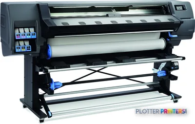 HP Latex 335 Printer front-right view showing black and grey large-format printer with ink cartridges and paper roll