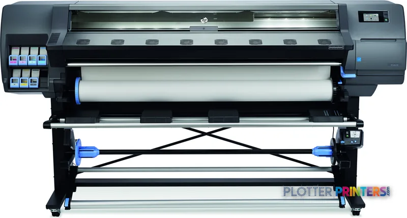 HP Latex 335 Printer front-center view showing black and grey large-format printer with ink cartridges and paper roll
