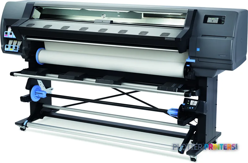 HP Latex 335 Printer large-format printer front-left view showing black and grey chassis with white media roll