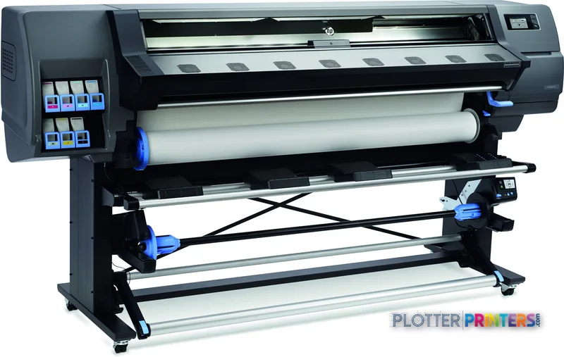 HP Latex 335 Printer front-right view showing black and grey large-format printer with ink cartridges and paper roll