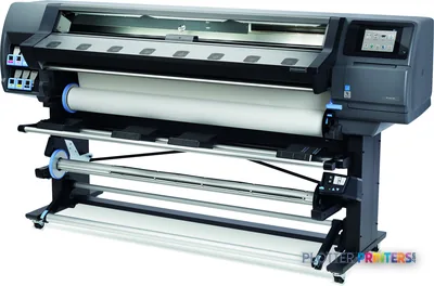 HP Latex 365 Printer front-left view showing grey large-format printer with roll feed system and control panel