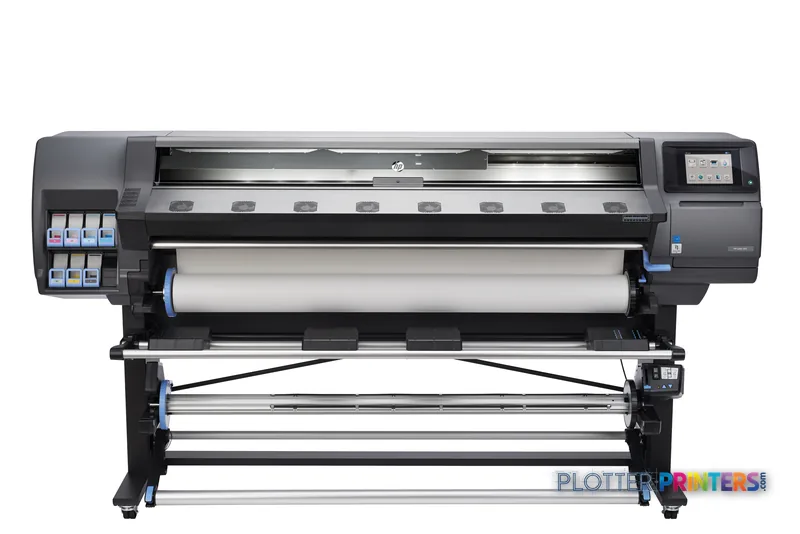Front-center view of HP Latex 365 Printer, a grey large-format printer with ink cartridges and media roll loaded