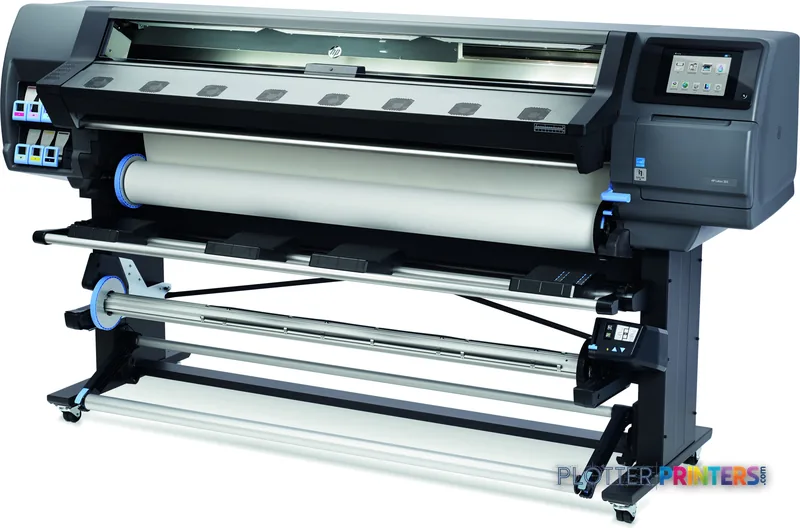 HP Latex 365 Printer front-left view showing grey large-format printer with roll feed system and control panel