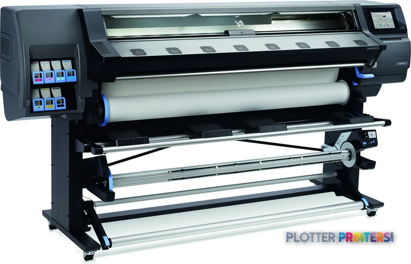 HP Latex 365 Printer front-right view showing grey large-format printer with roll feed system and ink cartridges