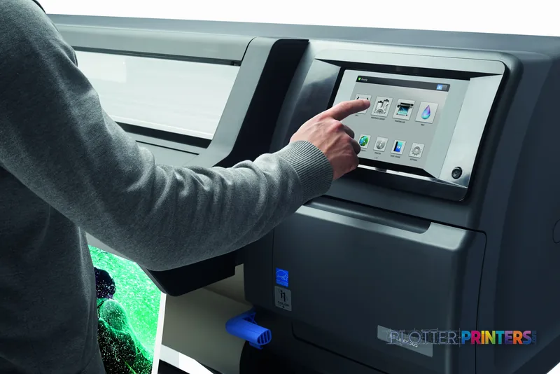 User operating the touchscreen control panel on an HP Latex 365 Printer in a lifestyle setting