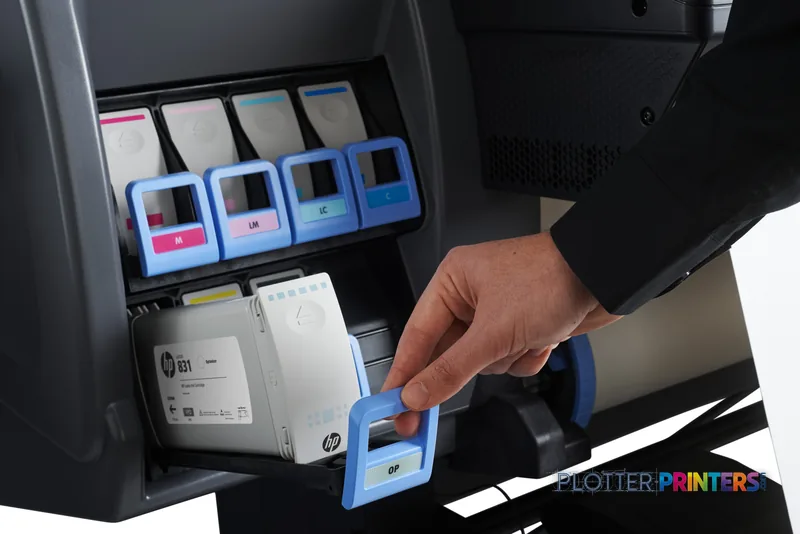 HP Latex 365 Printer lifestyle image showing ink cartridge replacement with colored cartridges visible