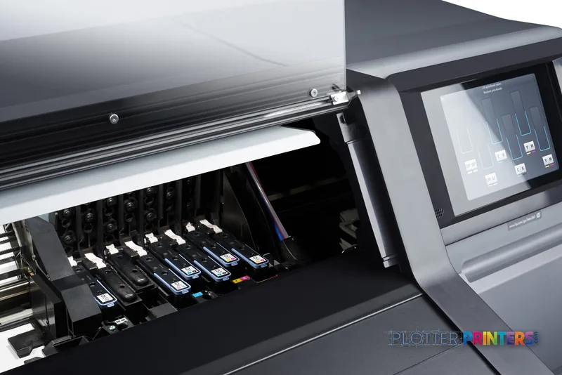 HP Latex 365 Printer detail view showing open ink cartridge bay with colored cartridges and touchscreen control panel