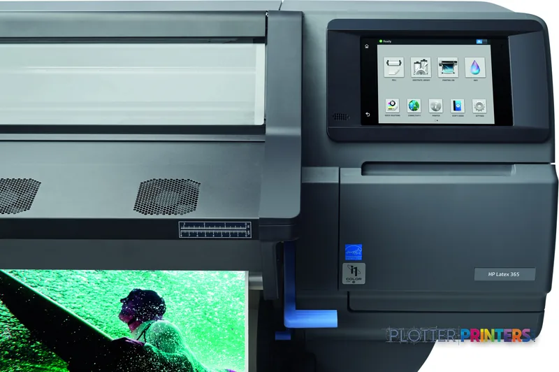 HP Latex 365 Printer product image showing grey large-format printer with touchscreen display and printed color sample