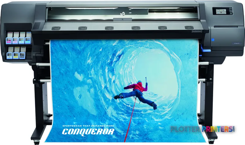 HP Latex 315 Printer front-center view with grey body printing vibrant blue sportswear graphic