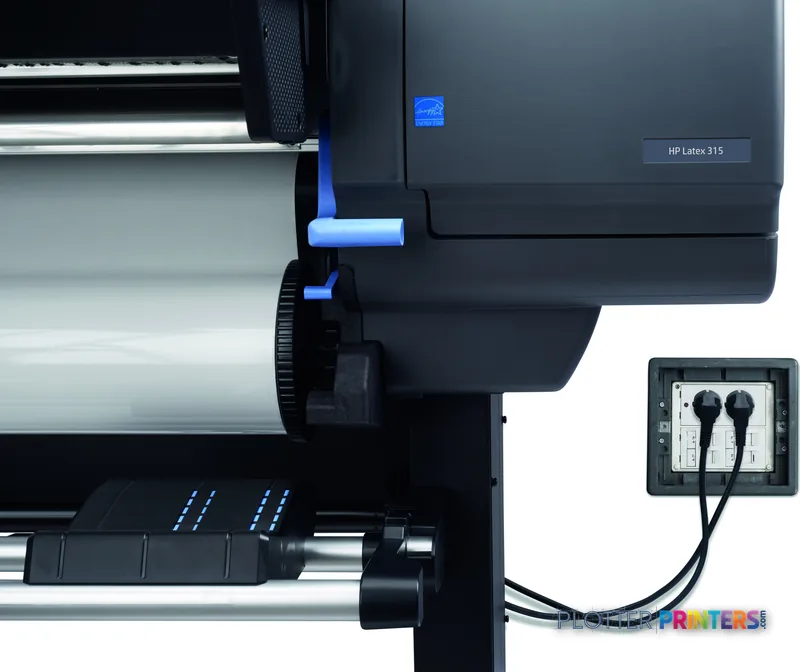 HP Latex 315 Printer detail view showing paper feed mechanism with blue handles and Ethernet connection port