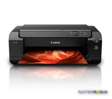 Canon imagePROGRAF PRO-500 large format printer, front view, black inkjet printer with orange-red print sample visible