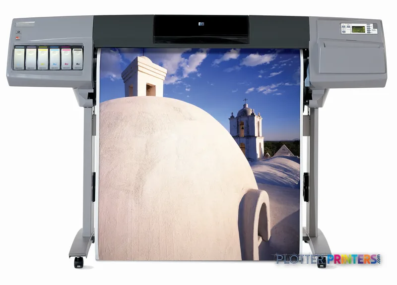 HP Designjet 5500UVPS 42-inch printer displaying a large-format architectural photograph on its output