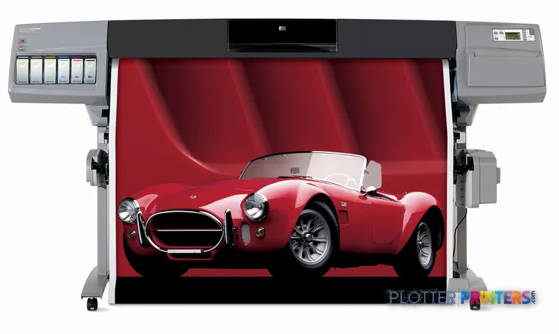 HP Designjet 5500UVPS 60-inch printer displaying a red sports car image on its output