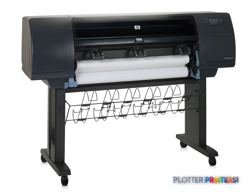 HP Designjet 4000ps Printer product image showing large-format color printer with roll media loaded and stand