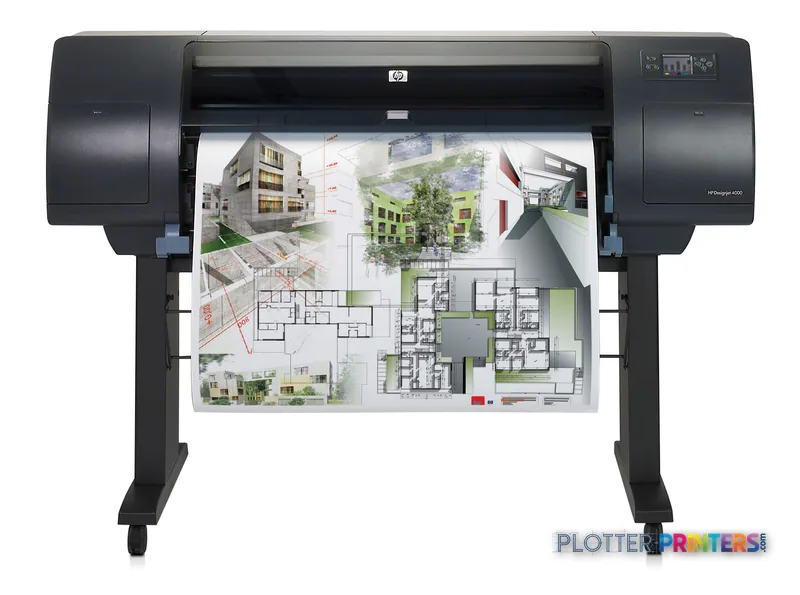 HP Designjet 4000ps Printer product image showing large-format printer with architectural drawing output