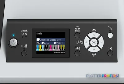 Epson SureColor P8000 control panel showing display screen with ink status and navigation buttons