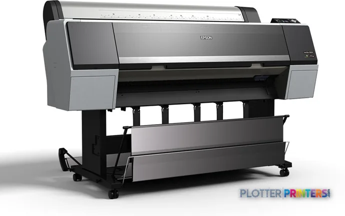 Epson SureColor P8000 large format printer product image showing silver and white inkjet printer on black stand
