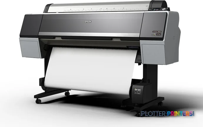 Epson SureColor P8000 large format printer product image showing silver and black inkjet printer with white paper roll loaded