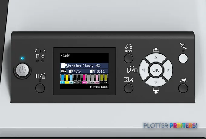 Epson SureColor P8000 control panel showing display screen with ink status and navigation buttons
