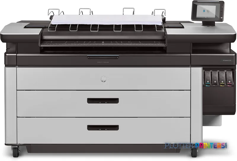 HP PageWide XL 4000 large format printer product image showing black and grey inkjet printer with paper feed system
