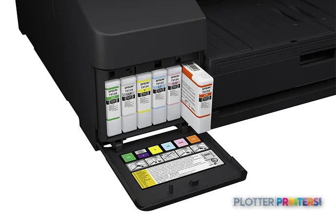 Epson SureColor P5000 Designer Edition product image showing open ink cartridge bay with color ink bottles and supplies