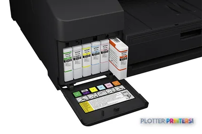 Epson SureColor SCP5000SE product image showing open ink cartridge bay with color ink bottles and maintenance supplies