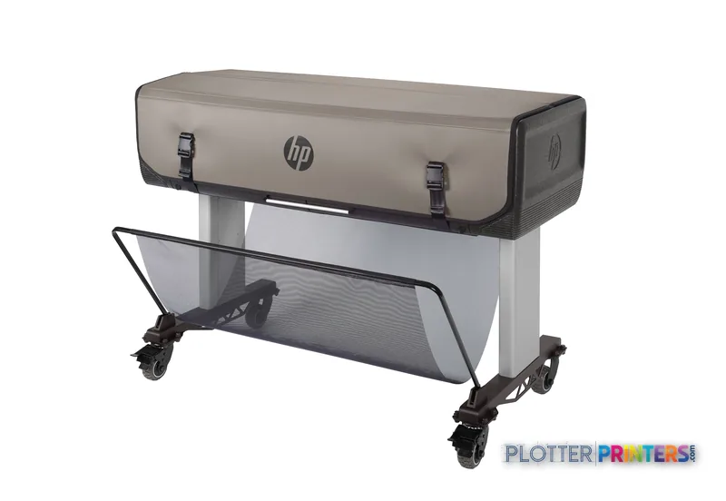 HP DesignJet T830 MFP front-left view showing black printer with gray rugged carrying case on top and wheeled stand