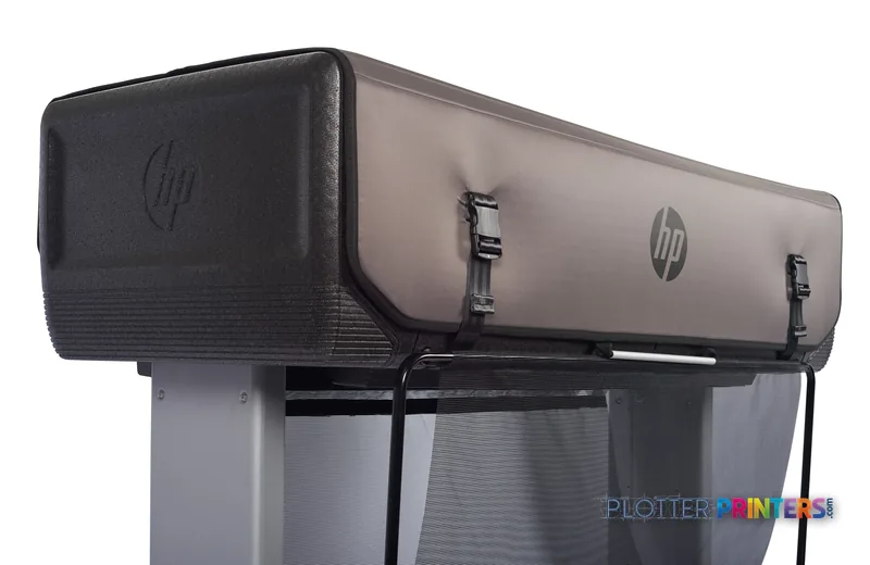 HP DesignJet T830 MFP large format printer with rugged carrying case, side view showing black case and printer body