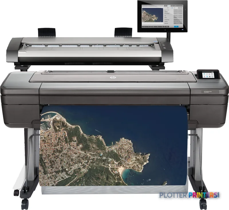 HP Designjet HD Pro large-format printer product image showing the full system with dual printheads and aerial map output