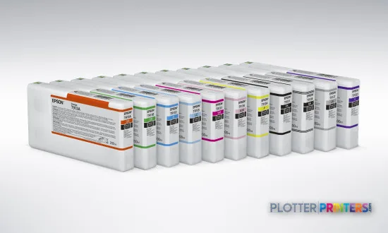 Epson SureColor SC-P5000 STD 240V ink cartridges lineup showing full color set