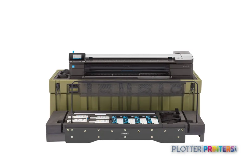 HP DesignJet T830 MFP front-center view showing black printer with armor case and control panel