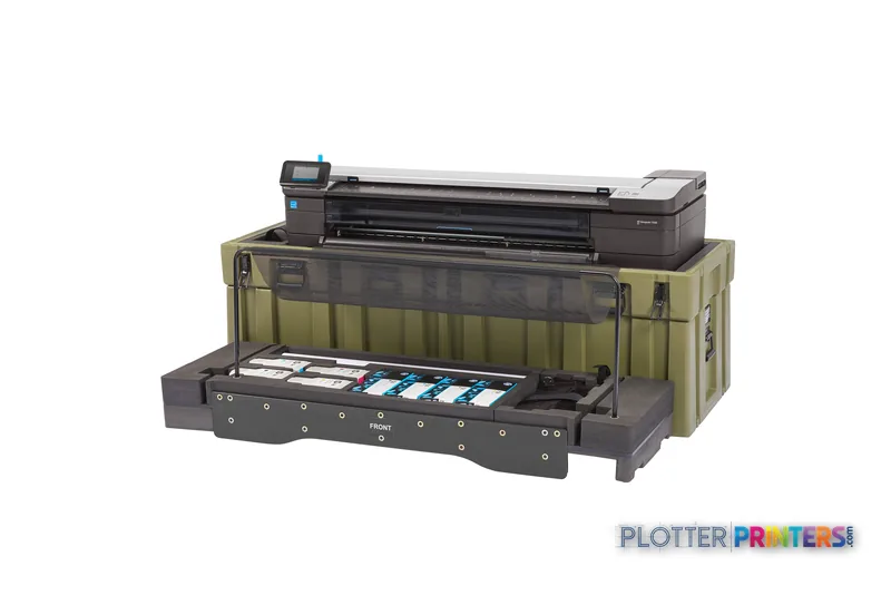 HP DesignJet T830 MFP front-left view showing printer mounted on yellow armor case with ink cartridges visible