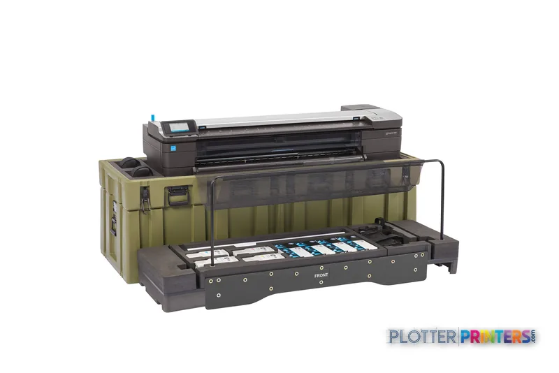 HP DesignJet T830 MFP front-right view showing black printer mounted on olive armor case with pull-out tray