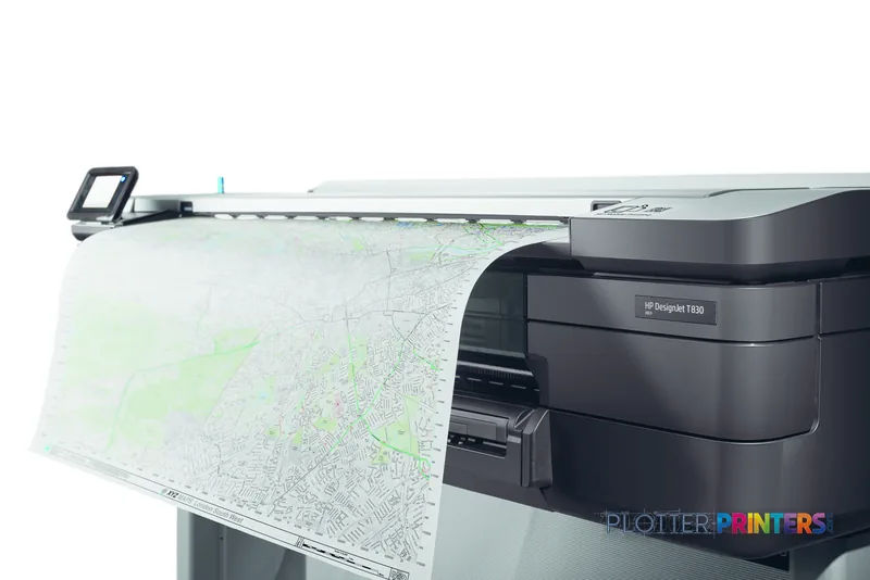 HP DesignJet T830 MFP large-format printer with black armor case shown outputting a detailed map print