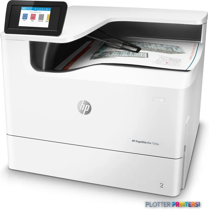 HP PageWide Pro 750dw large-format printer product image showing white printer with open output tray and touchscreen display