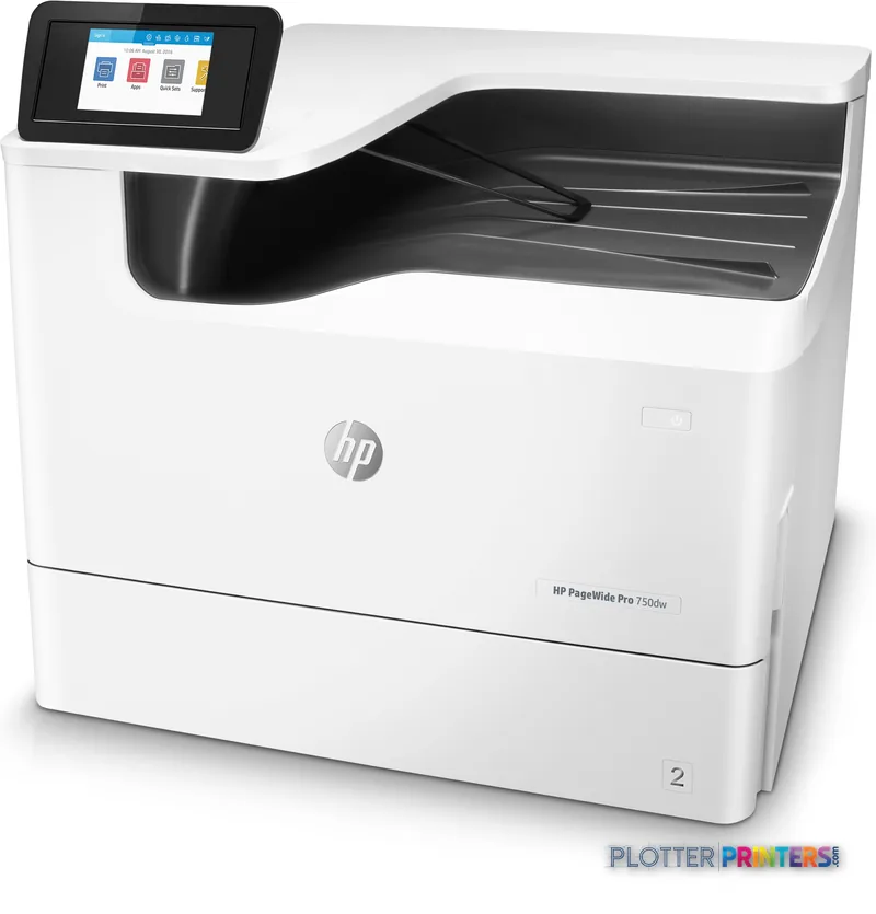 HP PageWide Pro 750dw large-format printer product image showing white printer with black paper tray and touchscreen control…