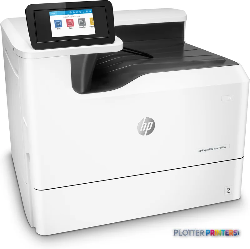 HP PageWide Pro 750dw large-format printer product image showing white printer with black paper tray and touchscreen display