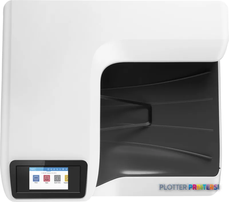 HP PageWide Pro 750dw large-format printer product image showing white exterior with open output tray and touchscreen contro…