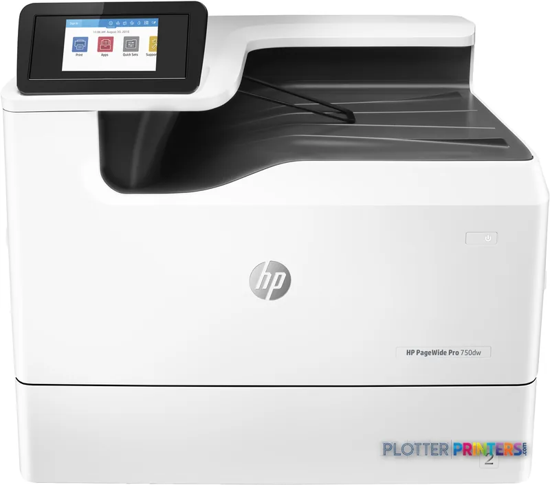 HP PageWide Pro 750dw large-format printer product image showing white and black design with touchscreen display