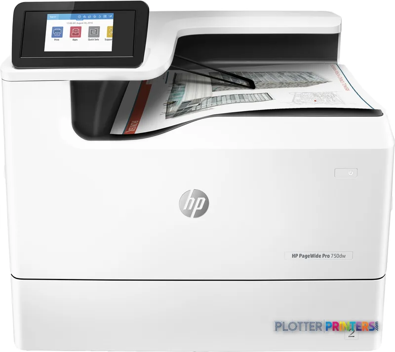 HP PageWide Pro 750dw large-format printer product image showing white printer with touchscreen control panel and output tra…