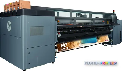 HP Latex 3200 large format printer product image showing grey and black inkjet printer with orange ink cartridges mounted on…