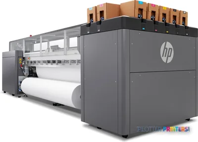 HP Latex 3600 Printer rear view showing gray exterior with HP logo and cardboard supply boxes mounted on top