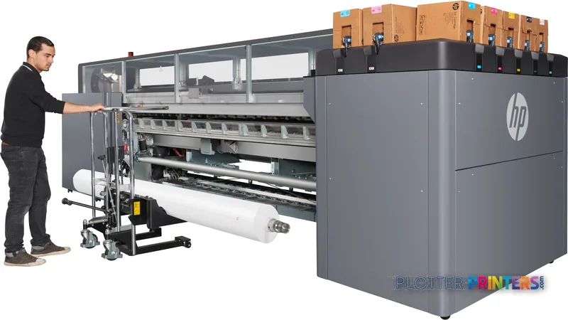 HP Latex 3600 Printer lifestyle image showing operator loading media into the large-format printer