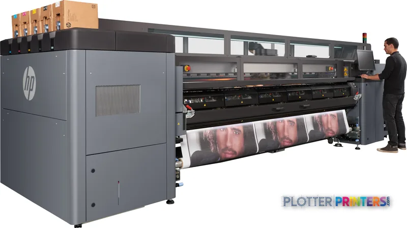 HP Latex 3600 Printer large-format printer lifestyle image showing operator using the machine with printed output